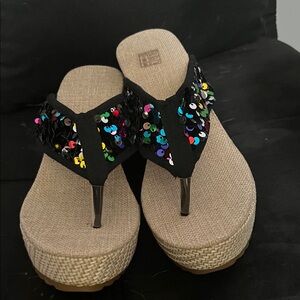 Sequin Embellished Black Wedge Sandals